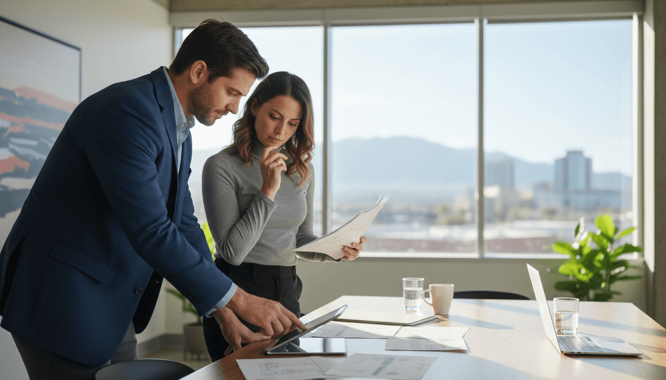 IT consultant reviewing technical documents with a client in a modern office