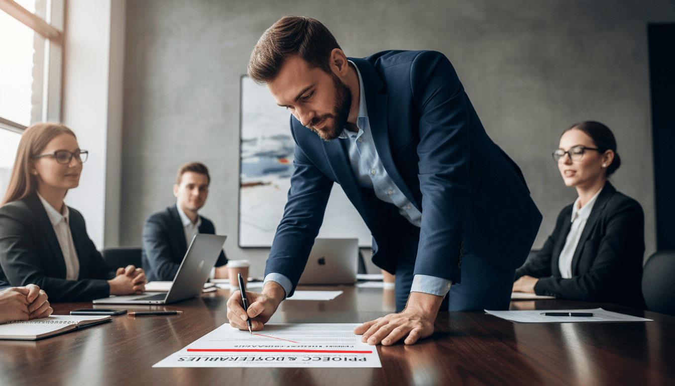 Consultant reviewing a project scope document in a meeting