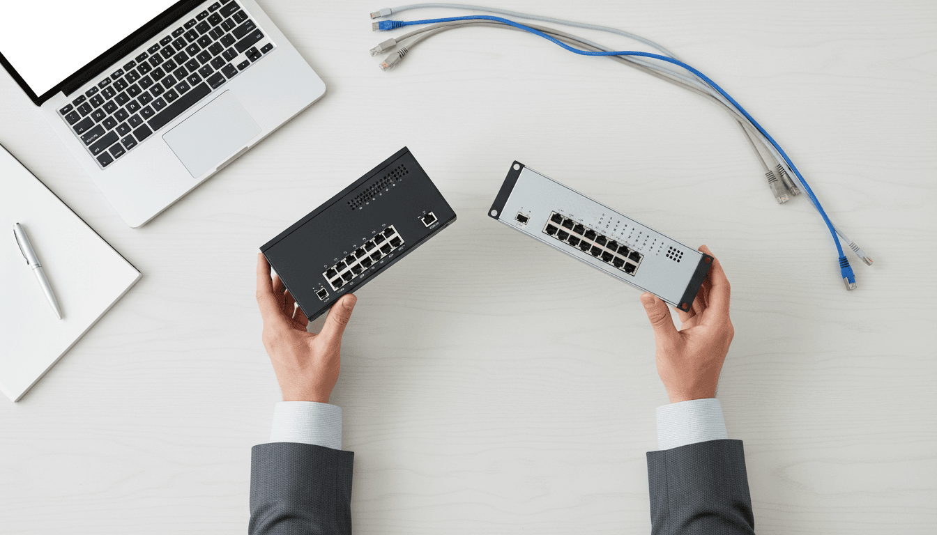 Consultant comparing hardware options on a clean desk
